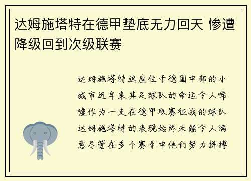 达姆施塔特在德甲垫底无力回天 惨遭降级回到次级联赛 达姆施塔特在德甲垫底无力回天 惨遭降级回到次级联赛